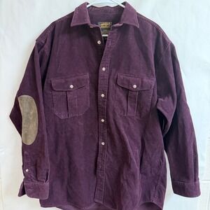 Eddie Bauer VTG Corduroy Button‎ Down Shirt Mens M Burgundy Elbow Patches Preppy